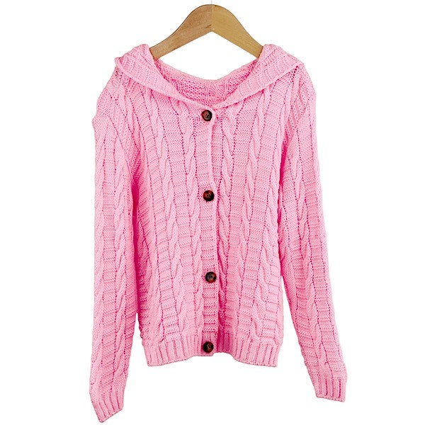 Pink Hooded Cable Twist Knit Cardigan 4-14