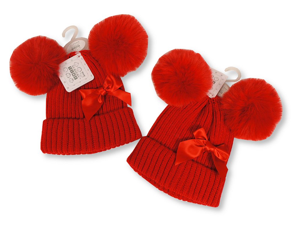 Red Double Pom Pom Beanie Hat