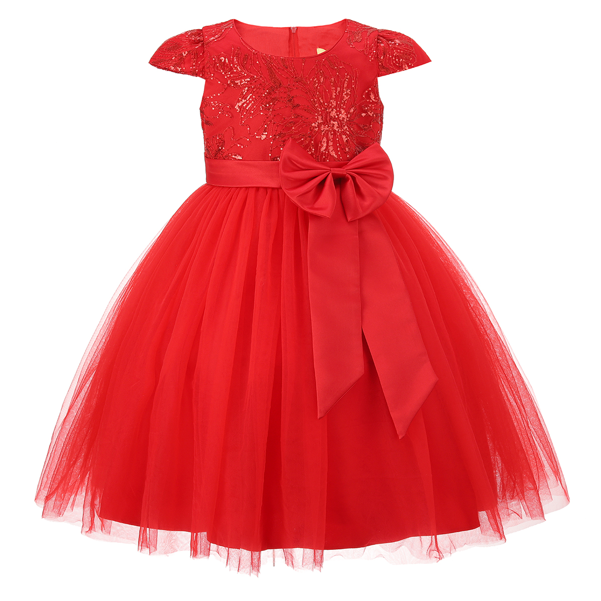 Red Sequin Satin Bow Overlay Dress 2-13