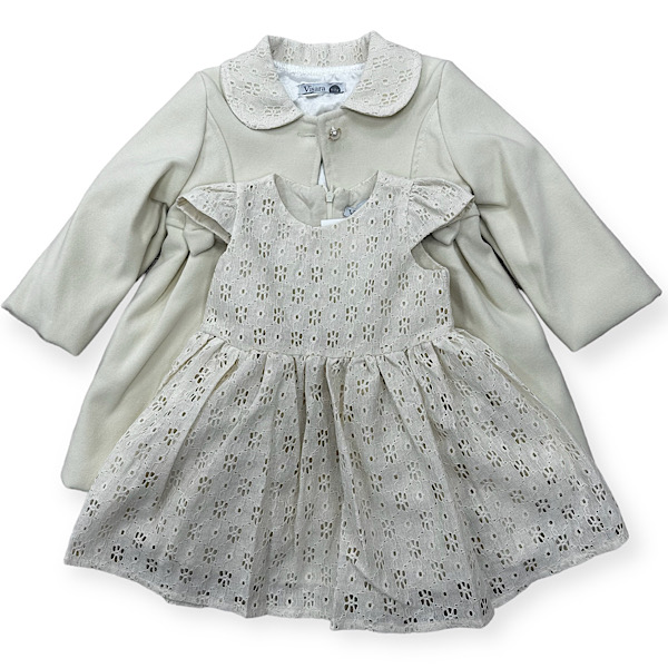 Cream Bow Coat & Perforated Dress Set 1-4